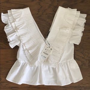 ZARA white ruffle v neck top